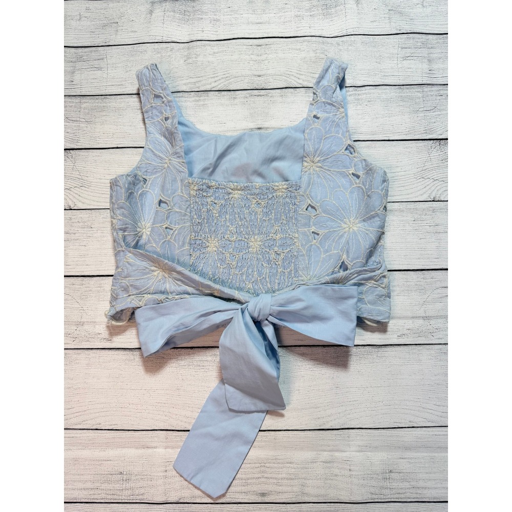 Blue Floral Eyelet Embroidered Flowers Crop Top Small Boho Cottagecore Casual - Picture 3 of 6